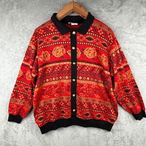 YS Studio Floral Button Up Collared Knit Sweater Women 1X Red Whimsigoth Hip Hop